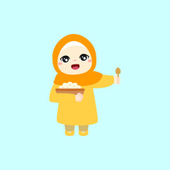 Cartoon Illustration of a Girl Eating a Bowl of Rice with Spoon