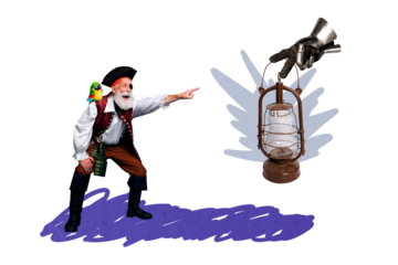 Contemporary art banner collage of happy pirate old man show flashlight armor hand light hold parrot toy sailor masquerade