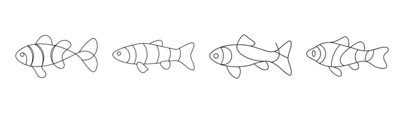 Four stylized clown loach fish outlines in a row elegant aquatic animal design for creative projects