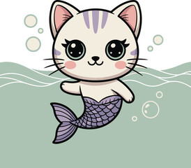 Cute cartoon cat with a mermaid tail floating in the sea surrounded by bubbles and gentle waves