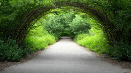 Serene path surrounded by lush greenery creates peaceful atmosphere, inviting exploration