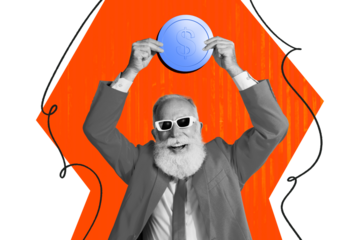 Creative trend artwork design 3D collage sketch of cash currency market wealth aged man success eyewear beard smile suit hand hold coins