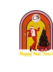 Vertical photo collage of happy old man dance christmas party new year tree decor present club disco ball isolated on painted background