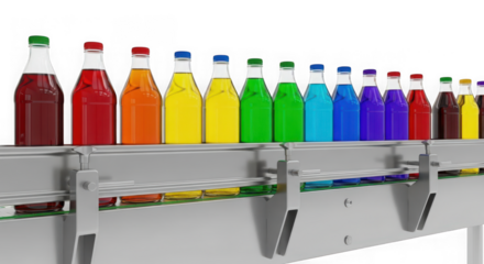 A line of colorful bottled beverages on a conveyor belt, isolated on transparent background