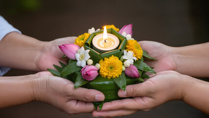 Hands holding krathong with candle