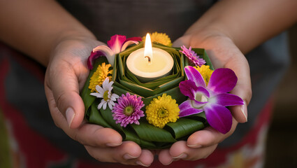 Close-up of krathong in the hand