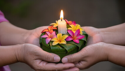 Hands with a krathong and a candle
