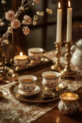 Fototapeta premium Elegant tea time setting with candles, floral decor, and vintage teacups creating a warm ambiance