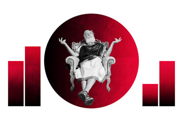 Contemporary poster trend art collage of dreamy emperor aged businessman sit throne chart...