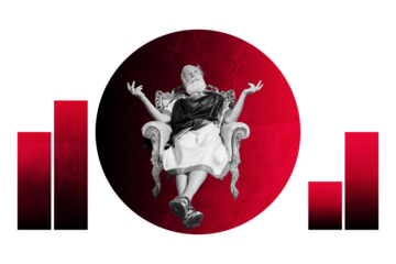 Contemporary poster trend art collage of dreamy emperor aged businessman sit throne chart statistics development success growth