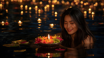Thai girl in the water with floating lanterns and krathongs in Thailand