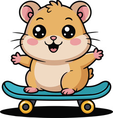 Cute cartoon hamster happily skateboarding on a blue skateboard with a simple colorful gradient