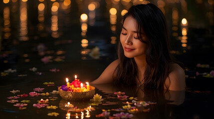 Beautiful Thai girl in the water with a krathong