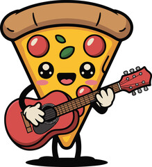 Cute cartoon pizza slice playing a red guitar with smiling face on a simple beige background art