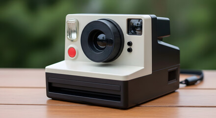 A classic retro instant film camera resting on a wooden table with a blurred green background.