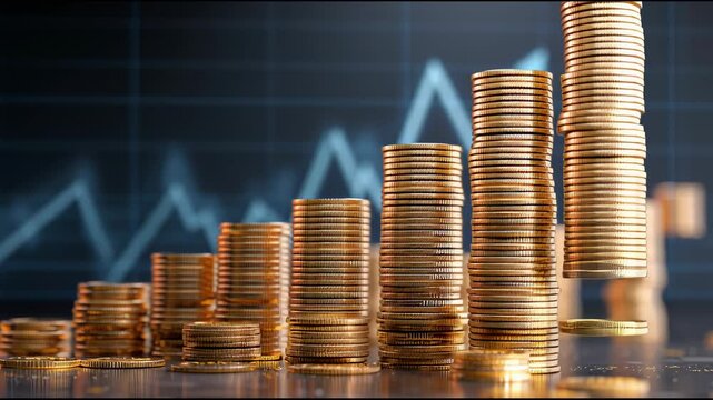 Financial Growth Visualization: Stacks of gold coins rise like a financial graph. The image evokes a sense of upward progress and achievement in the realm of finance and investment.