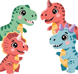 Cute dinosaurs enjoying a whimsical tea party with cups and teapot in a magical outdoor setting