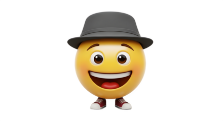 Happy smiley face emoji wearing a hat and shoes.