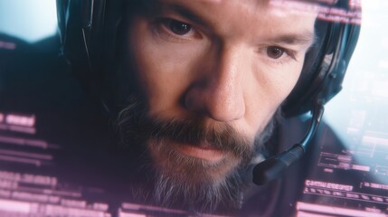 Pilot reviews diagnostics on holographic interface, Intense scene of pilot analyzing layered holographic data on helmet visor amidst mission