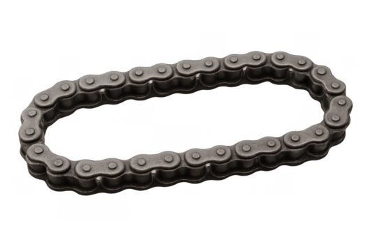Metal roller chain forming an oval link, illustrating connection, strength, and mechanical power on transparent background