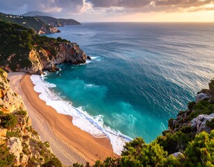 Aerial view showcases serene beach, emerald water, and rugged coastal cliffs