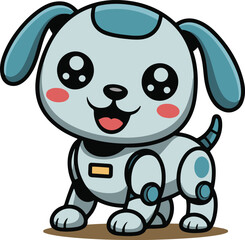 Adorable cartoon robotic puppy with big eyes and blush on yellow background illustration
