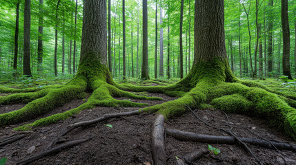 Fototapeta premium Lush green forest with moss covered tree roots creating serene atmosphere