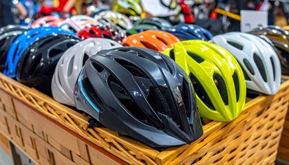 Assortment of Colorful Bicycle Helmets in a Basket Display.
