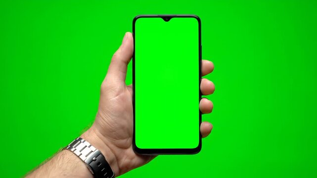 Hand holding a smartphone with a green screen, ideal for app demonstrations, mobile technology, and user interface showcases vector illustration