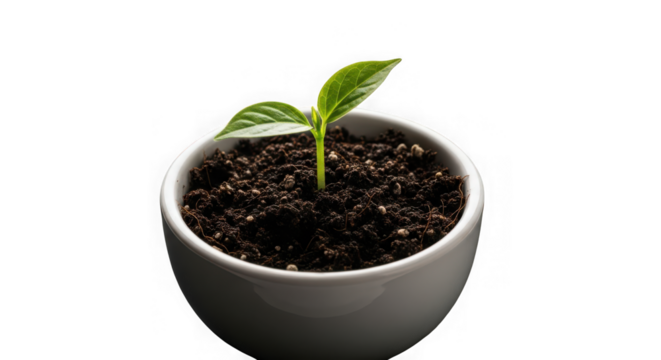 A small green seedling sprouting from dark soil in a white pot, symbolizing growth and new beginnings, isolated on transparent background - Powered by Adobe