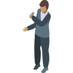 Isometric illustration of a person holding a microphone and gesturing with their hand wearing a grey suit and light blue shirt on a transparent white background