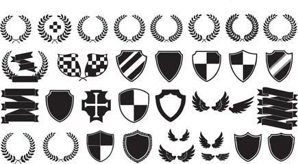 Black Vector Graphic Set of Crests, Shields, Badges, Laurel Wreaths, and Ribbons