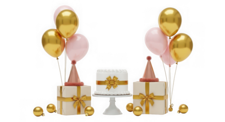 A festive birthday scene with a white cake, gift boxes, and gold and pink balloons, creating a celebratory atmosphere, isolated on transparent background