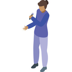Isometric illustration of a person holding a microphone and speaking with a blue sweater and light purple pants on a white background