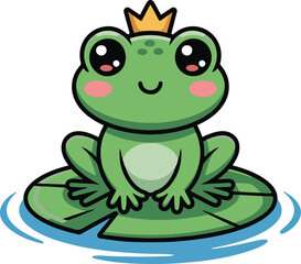 Cute cartoon frog wearing a small crown resting on a lily pad in calm water with blushy cheeks