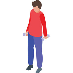 Isometric illustration of a person holding dumbbells wearing a red long sleeve shirt and blue pants with a transparent background for design.