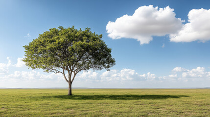 Fototapeta premium Solitary tree stands vast field bright blue sky with fluffy clouds, creating serene atmosphere
