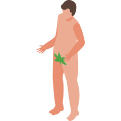 Fototapeta premium Isometric Illustration of a Person Wearing a Flesh Toned Bodysuit with a Green Leaf Covering Genitals Against a White Background