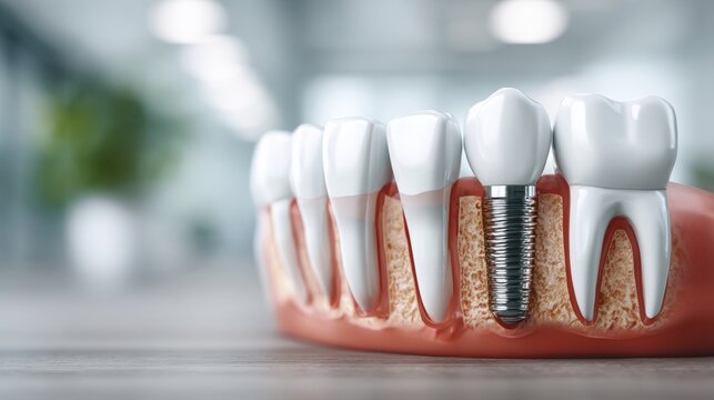 Close-up of titanium dental implant embedded in jaw bone with gum tissue and adjacent teeth on a tabletop against a blurred clinic interior, anatomical model in foreground, concept of implantology edu