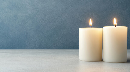 Softly glowing candles create peaceful ambiance against textured blue background