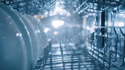 Dishes in a dishwasher during a wash cycle