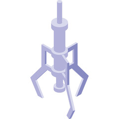 Isometric illustration of a pale purple mechanical claw grasping device on a transparent background in a minimalist style