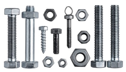 Assortment of metal bolts, nuts, and screws on a white background, showcasing various sizes and types of fasteners for industrial and construction use.