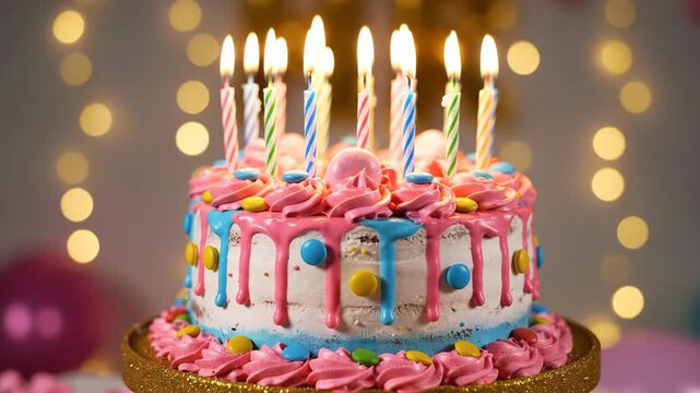 Festive birthday cake with pink and blue frosting, colorful candies, and lit candles, set against a bokeh background vector illustration
