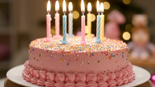 Closeup of a pink birthday cake decorated with sprinkles and frosting, topped with lit candles on a white plate vector illustration