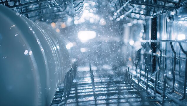 Dishes in a dishwasher during a wash cycle