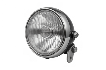 Round chrome motorcycle headlamp with vintage design, automotive lighting part, isolated with transparent background