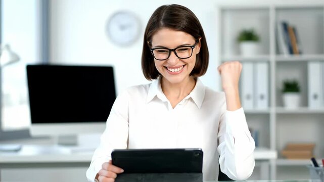 A young woman with glasses wearing a white shirt, smiling and looking at a tablet computer while sitting at her desk in a modern office vector illustration