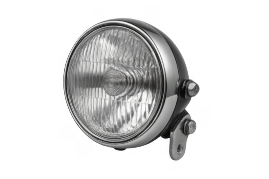 Round chrome motorcycle headlamp with vintage design, automotive lighting part, isolated with transparent background