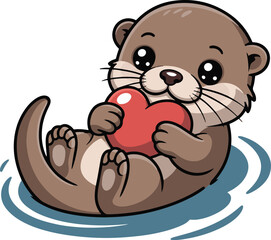 Cute cartoon otter floating in water holding a red heart in its paws with a cheerful expression